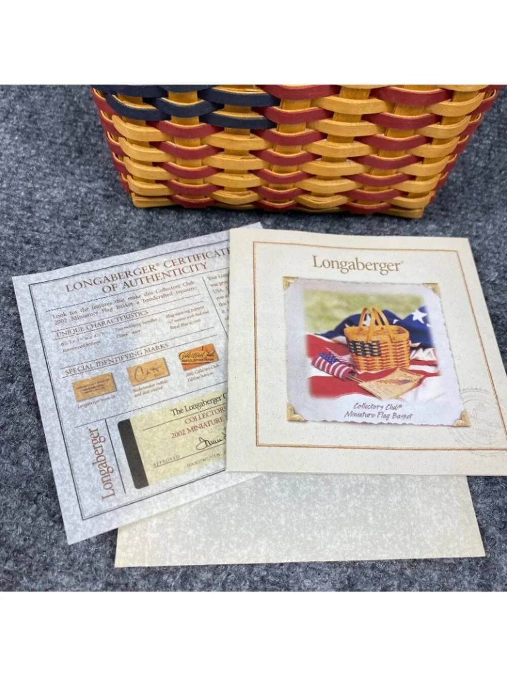 Longaberger 2002 Collectors Club Miniature Flag Basket Patriotic Protector COA